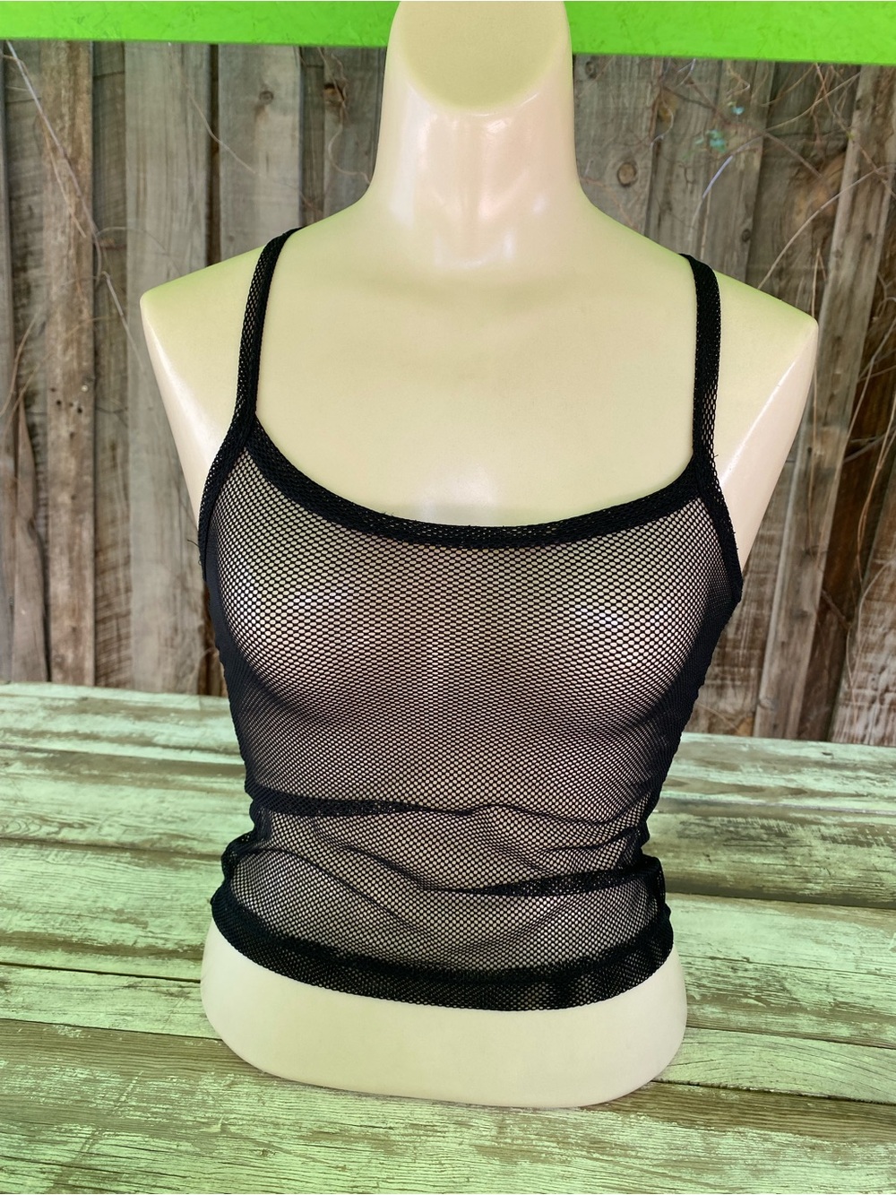 Y2K Sheer fishnet racer back black tank top size small mesh cami crop tank